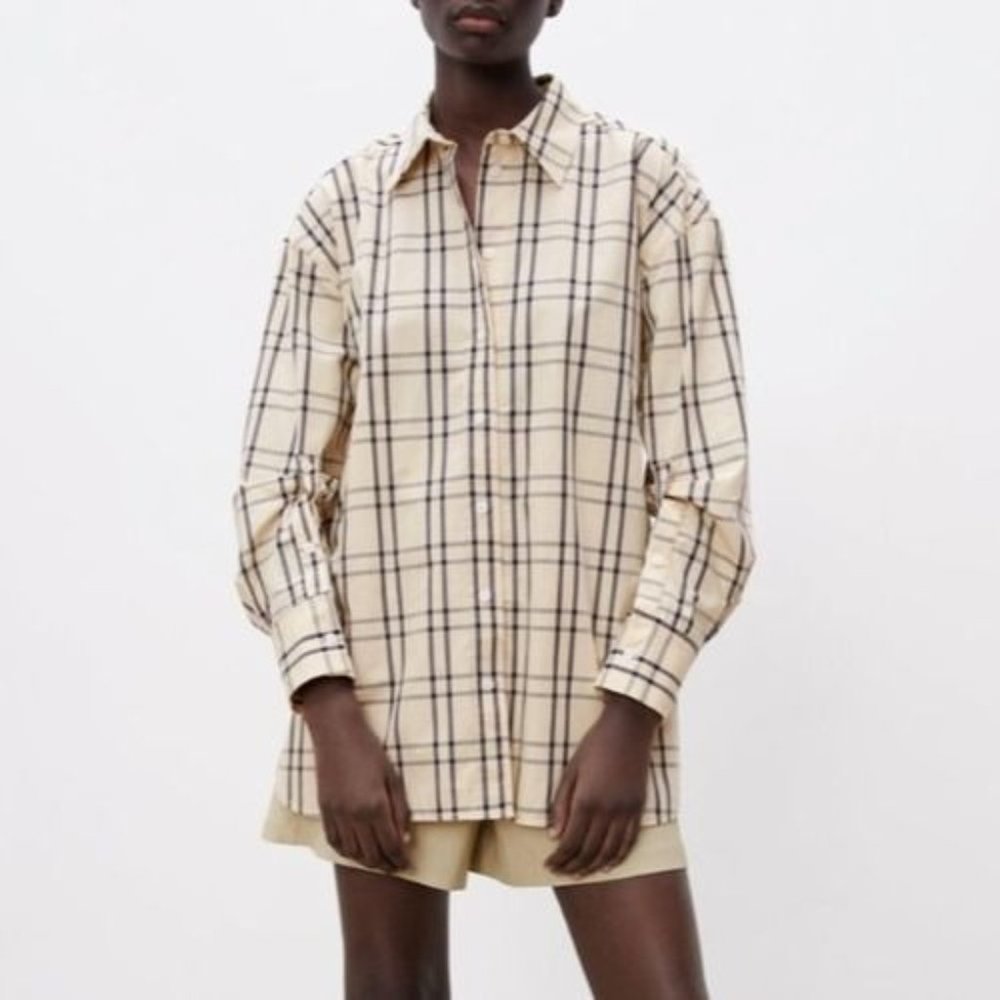 Zara Plaid Size Medium Tie Back Shirt Top Blouse Button Front Tan Gray womens - Picture 2 of 12